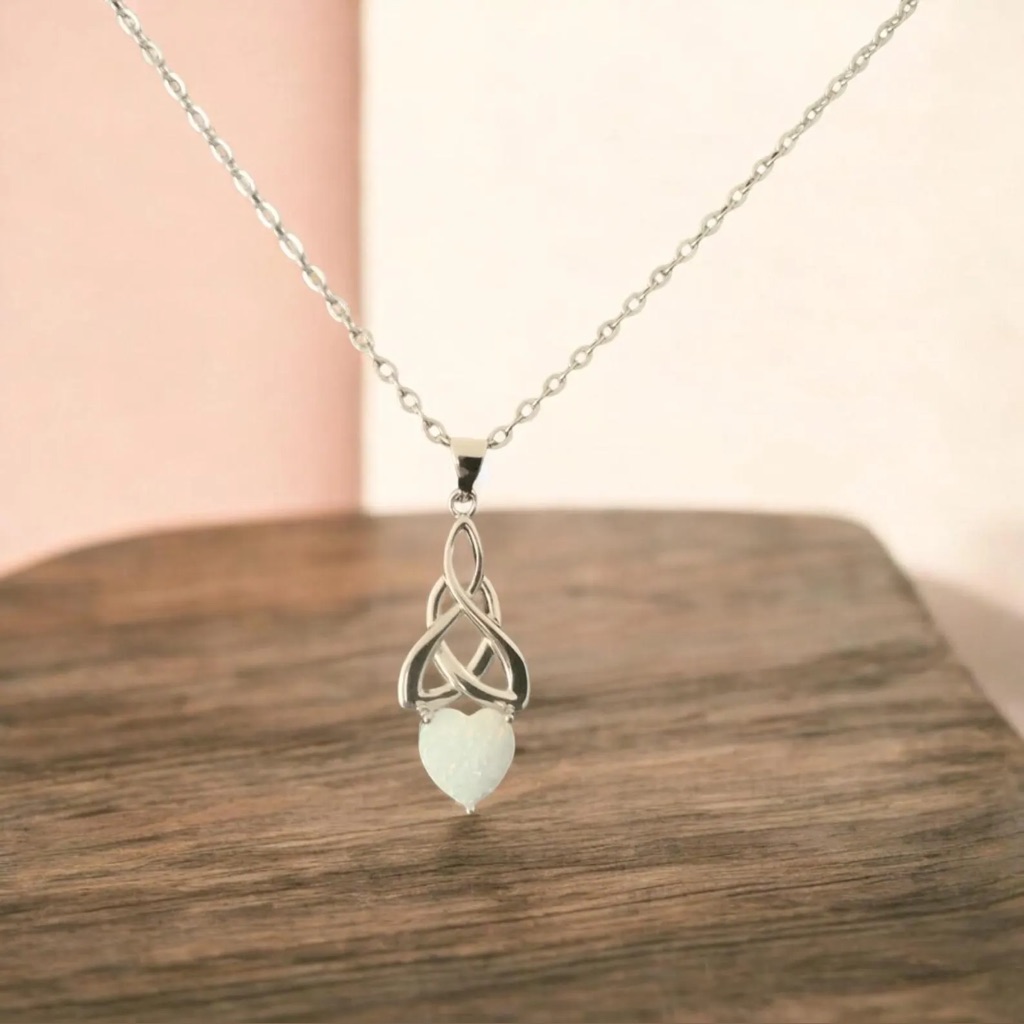 925 Sterling Silver Celtic Loveknot Heart Pendant White Opal Necklace Free Chain